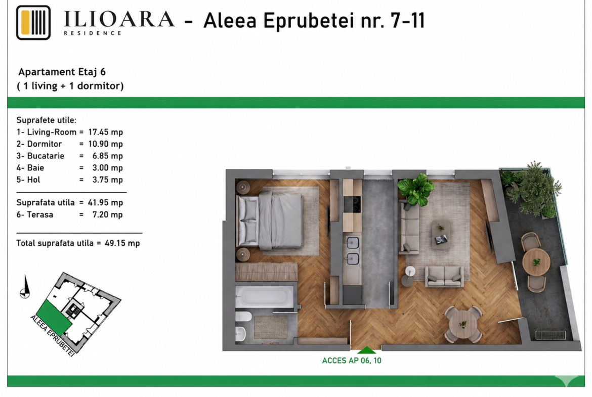 2 camere, 49 mp, 500 m metrou Nicolae Grigorescu (Ilioara), Park Lake