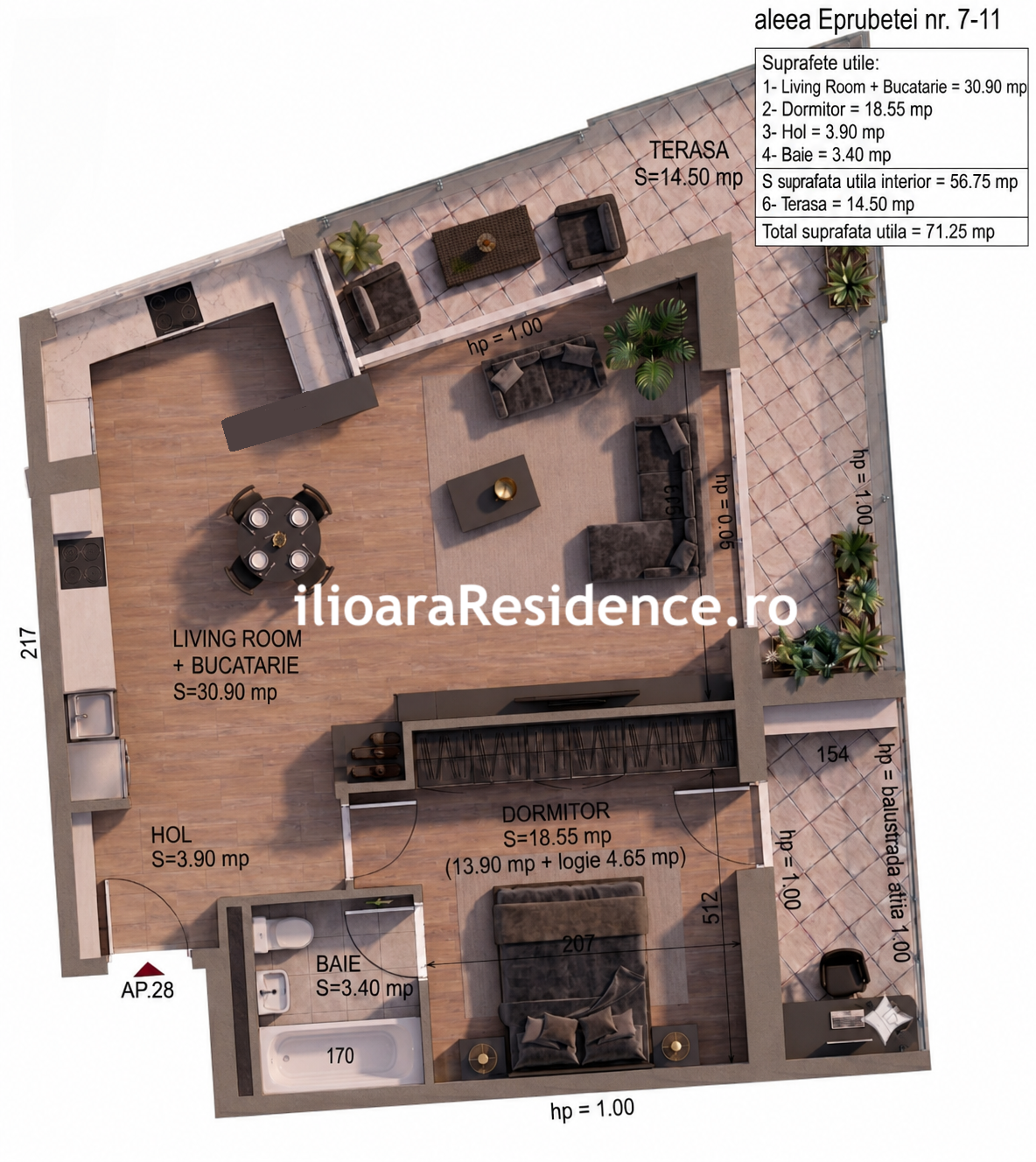 Etaj 7 – Tip 1 – Bucatarie deschisa 2 camere, 71 mp utili, 500 m metrou Nicolae Grigorescu (Ilioara), Park Lake