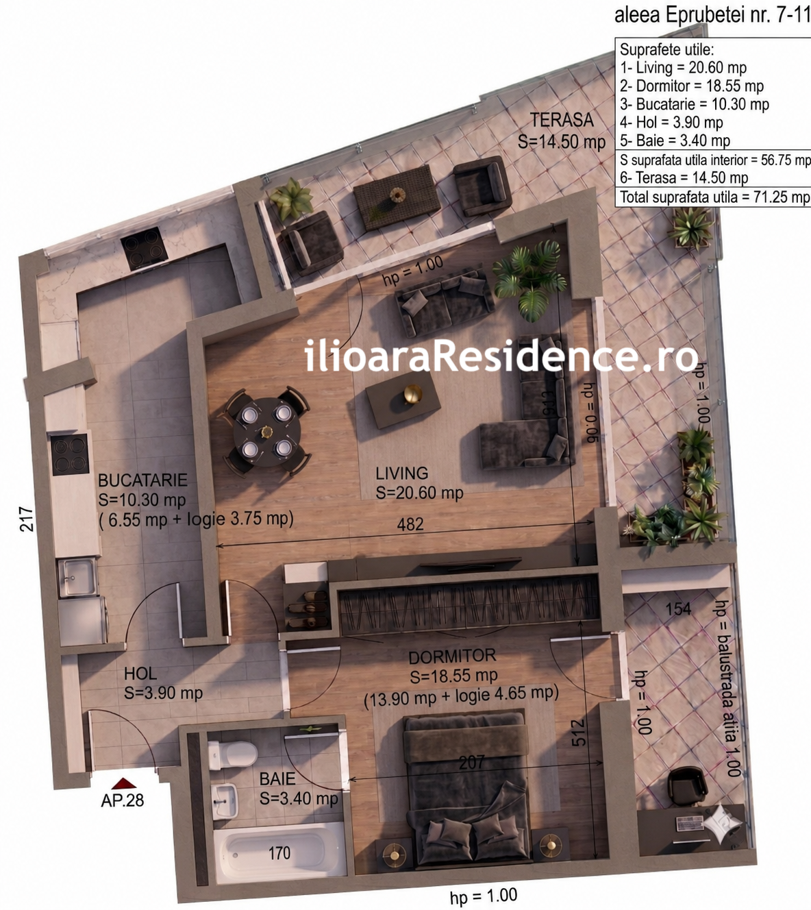 Etaj 7 – Tip 1 – Bucatarie inchisa 2 camere, 71 mp utili, 500 m metrou Nicolae Grigorescu (Ilioara), Park Lake